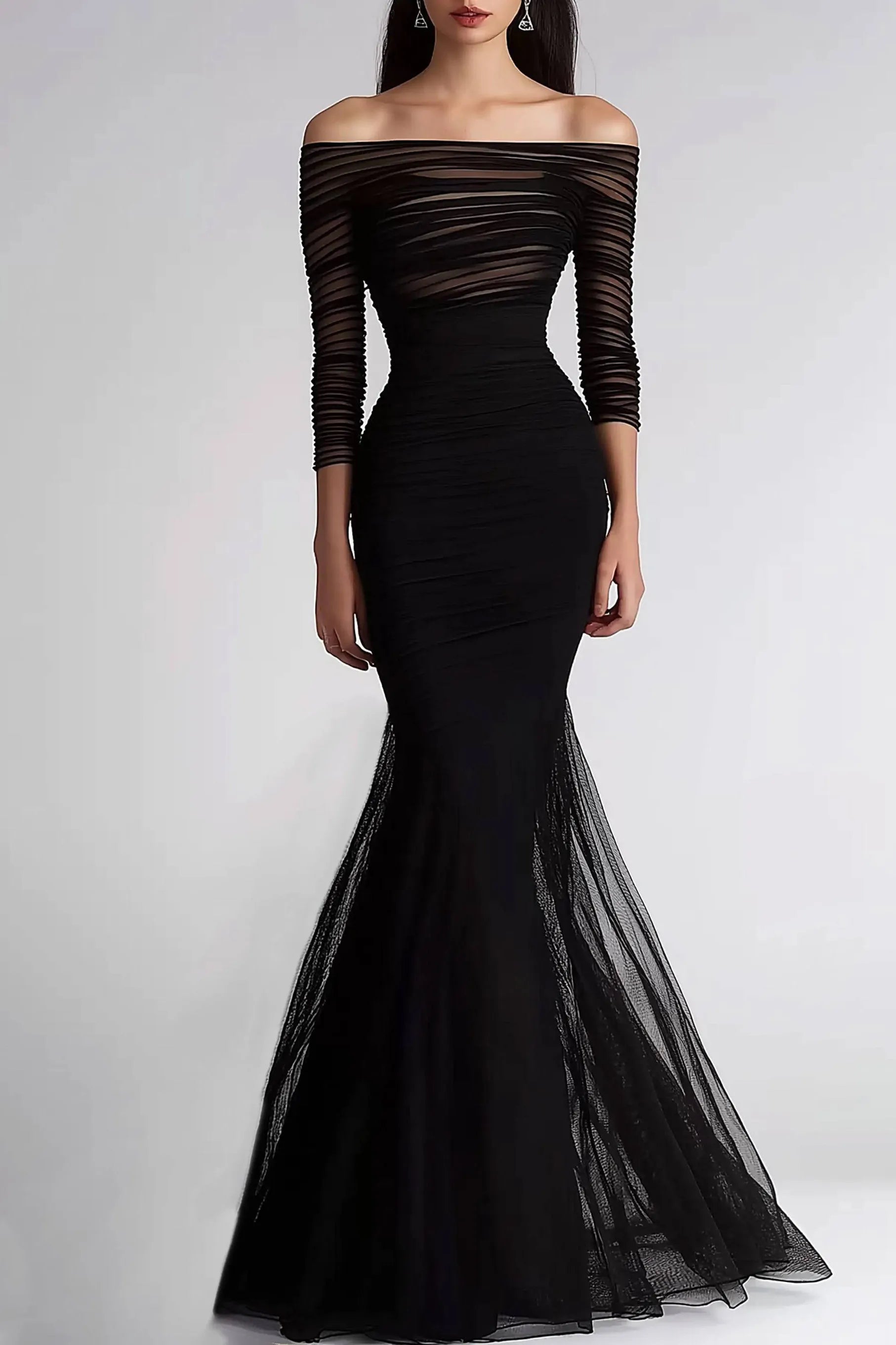 Formal Evening Dress Black Mesh Pleated Off-Shoulder Mermaid Dress