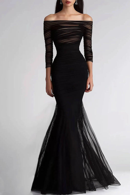 Formal Evening Dress Black Mesh Pleated Off-Shoulder Mermaid Dress
