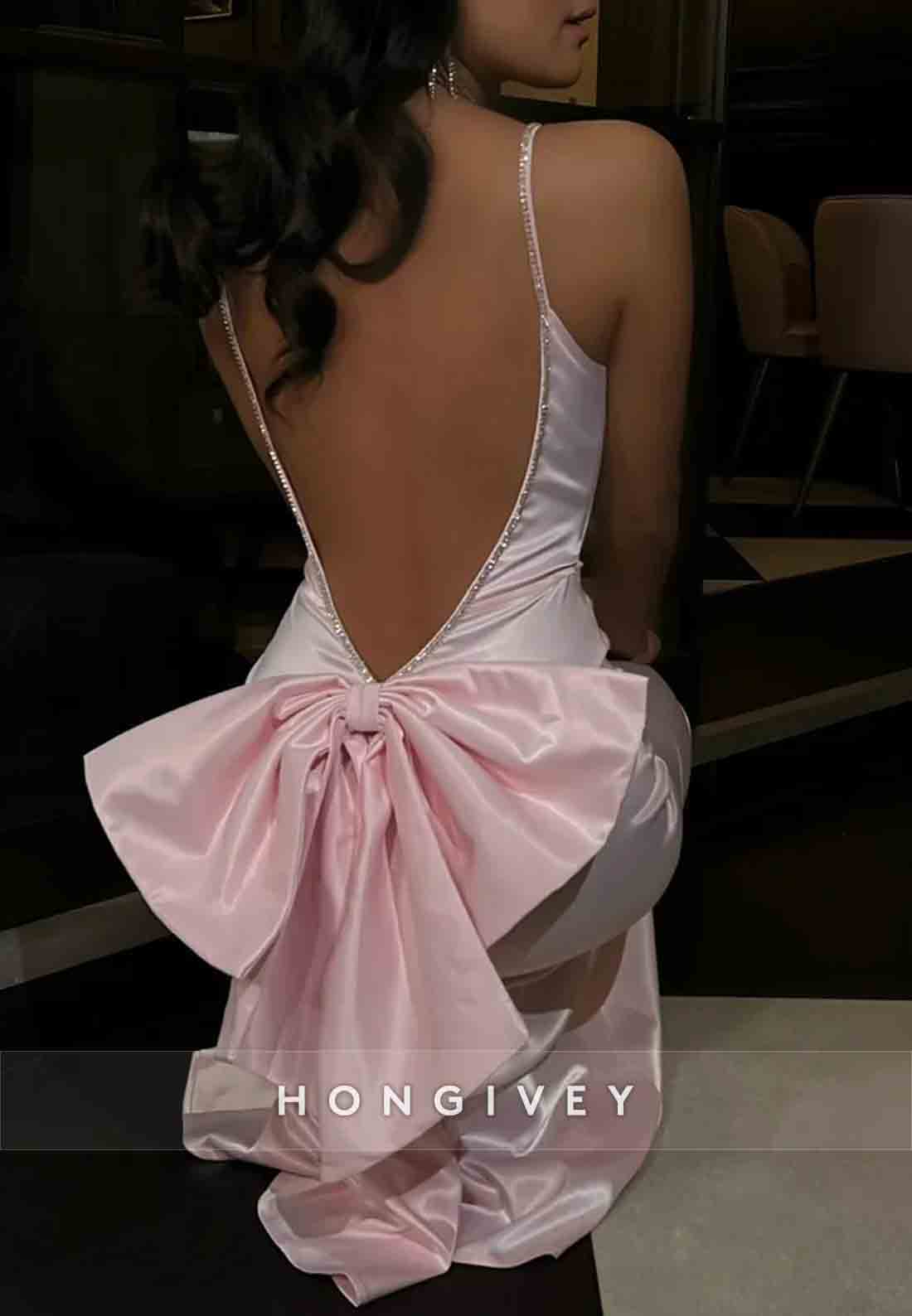 Gorgeous Backless Spaghetti Straps Pink Long Mermaid Prom Dress with Bowknot