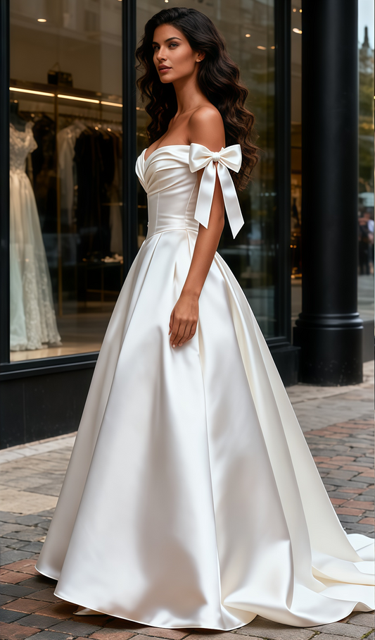 A Line Off The Shoulder Ruched Tie Shoulder Satin Wedding Dress