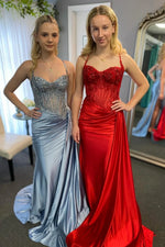 Stunning Mermaid Spaghetti Straps Long Glitter Prom Dress with High Slit