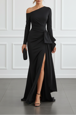 Elegant One-Shoulder Satin Wedding guest Dress With Draped Detail And Side Slit