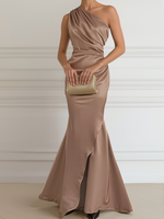 Champagne Satin One Shoulder Mermaid Evening Gowns