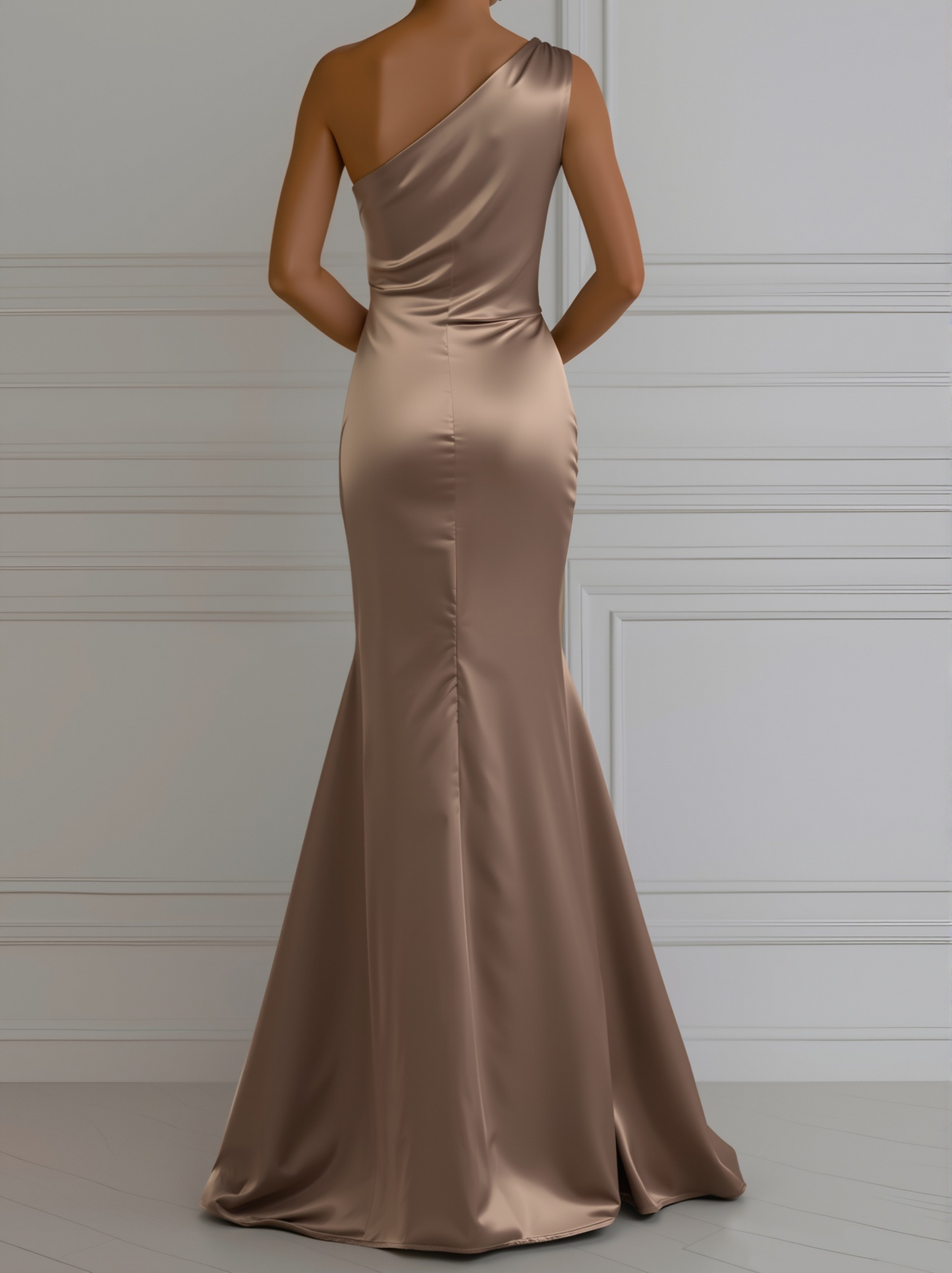 Champagne Satin One Shoulder Mermaid Evening Gowns