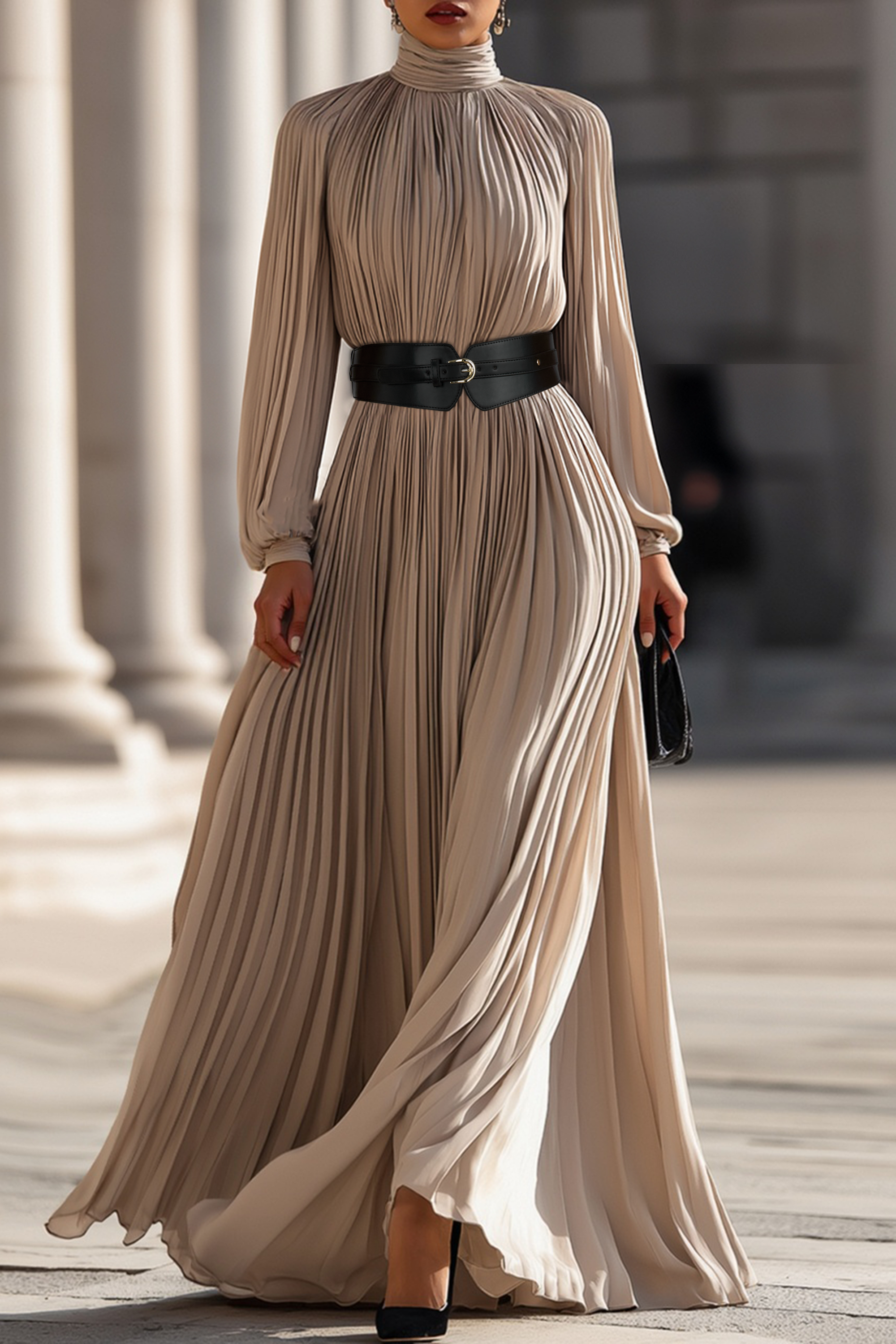 Pleated High-Neck Maxi Dress