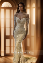 L2956 - Beaded Off-Shoulder Lonfg Sleeves Trumpet Party Prom Evening Dress