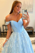 Light Blue Off-Shoulder Ball Gown with Butterfly Embroidered Tulle Skirt