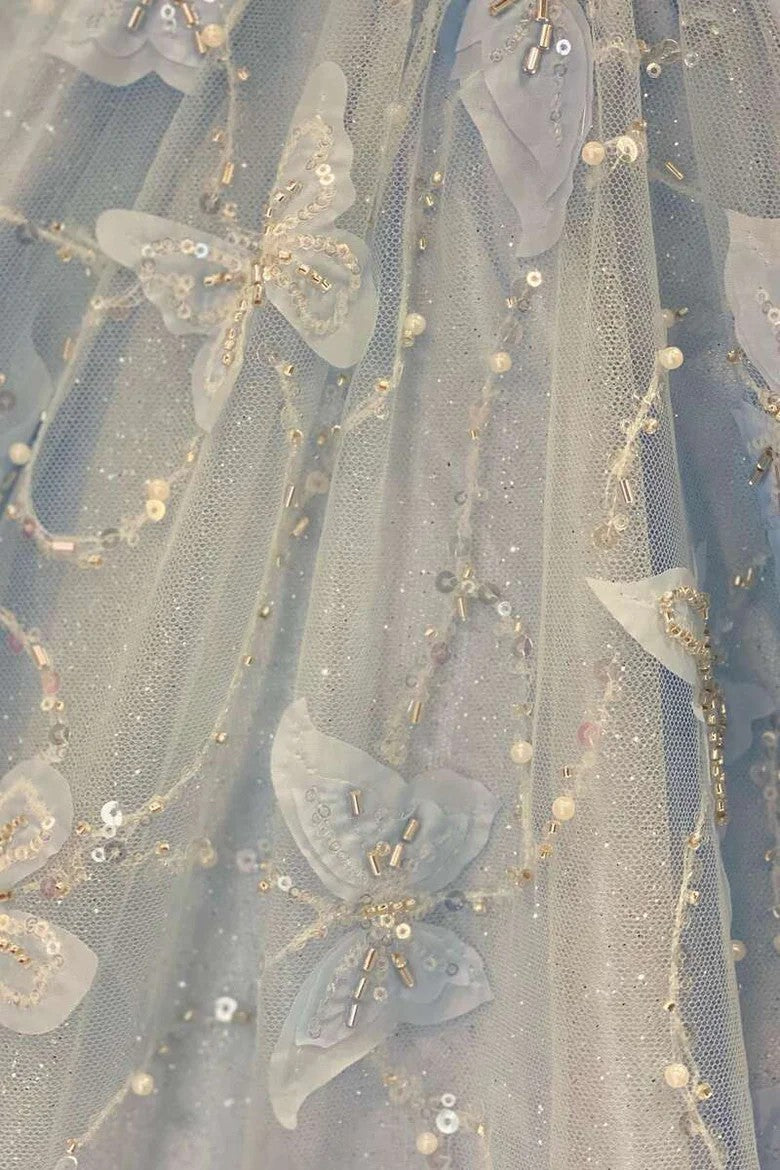 Light Blue Off-Shoulder Ball Gown with Butterfly Embroidered Tulle Skirt