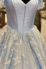 Light Blue Off-Shoulder Ball Gown with Butterfly Embroidered Tulle Skirt