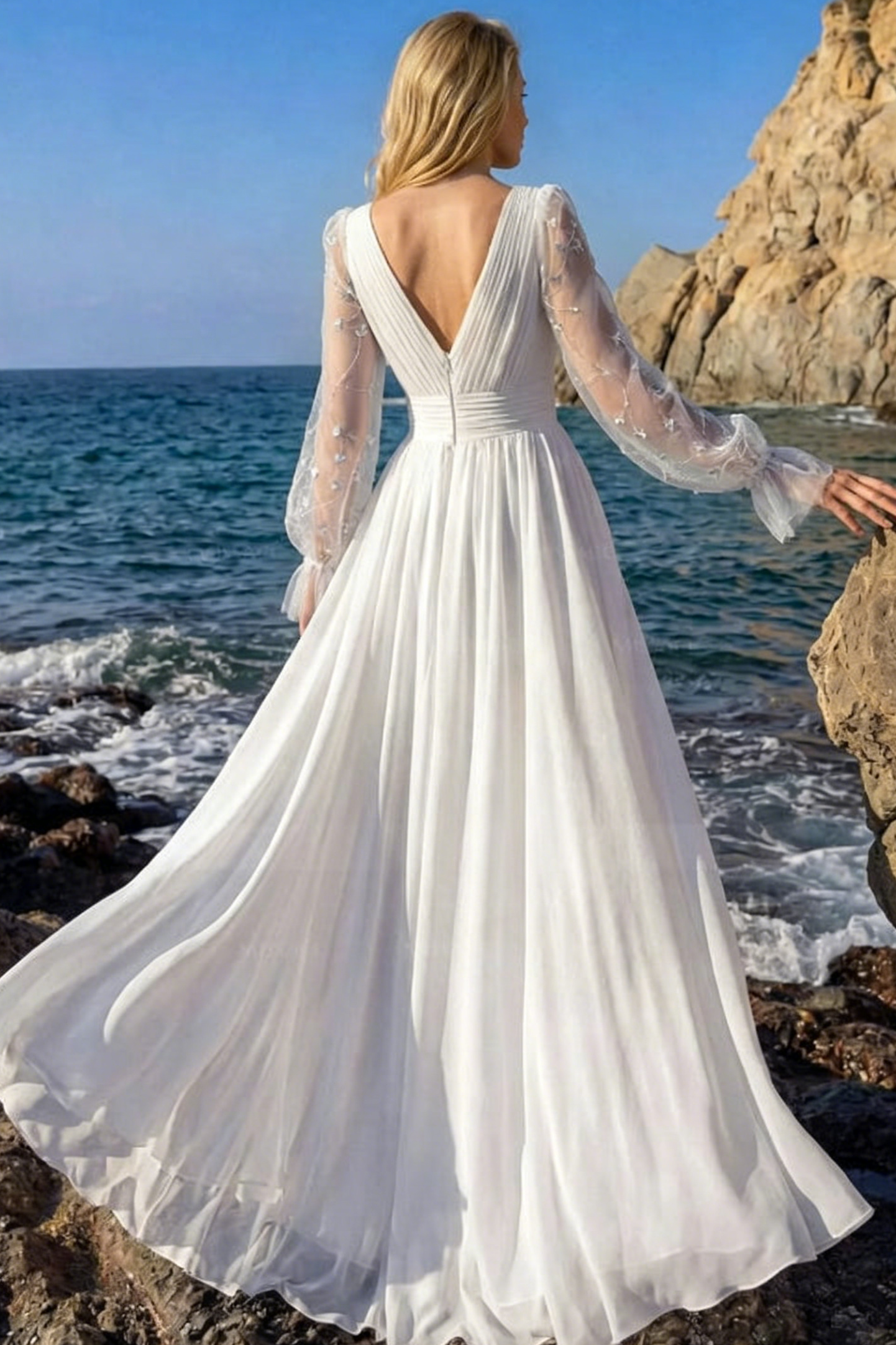 A-Line V-Neck Sheer Lace Sleeves Lace/Tulle Wedding Dresses With Split Front