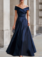 Navy Off-the-Shoulder Satin  Gown