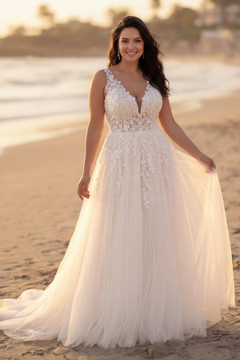 A-Line V-Neck Sleeveless Sweep Train Lace/Tulle Plus Size Wedding Dresses