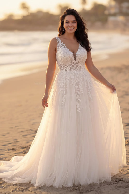 A-Line V-Neck Sleeveless Sweep Train Lace/Tulle Plus Size Wedding Dresses