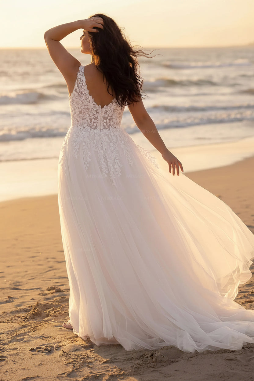A-Line V-Neck Sleeveless Sweep Train Lace/Tulle Plus Size Wedding Dresses