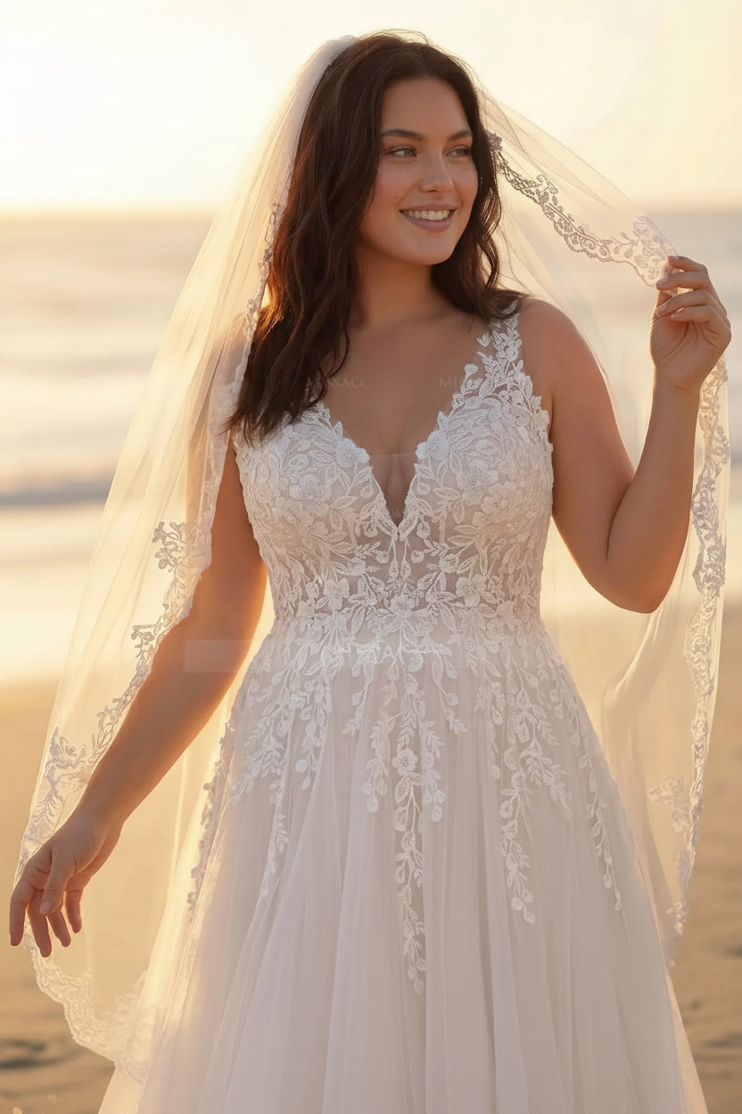 A-Line V-Neck Sleeveless Sweep Train Lace/Tulle Plus Size Wedding Dresses