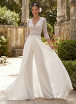 Elegant V-Neck 3/4 Sleeves Sweep Train Lace/Chiffon Wedding Dresses
