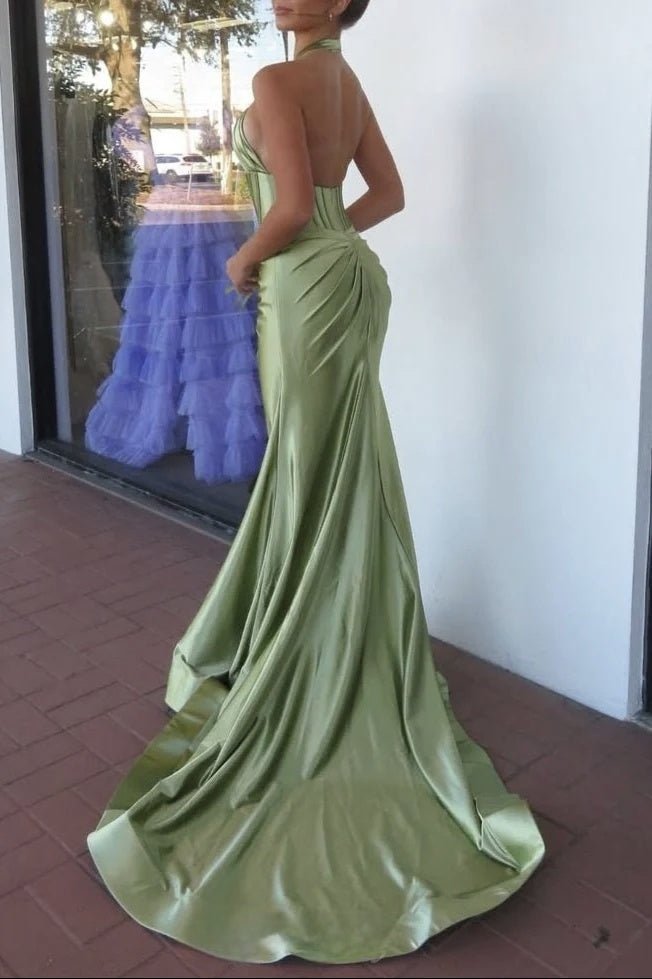 Mermaid Sage Halter Corset Long Prom Dress with Rosette Embellishment