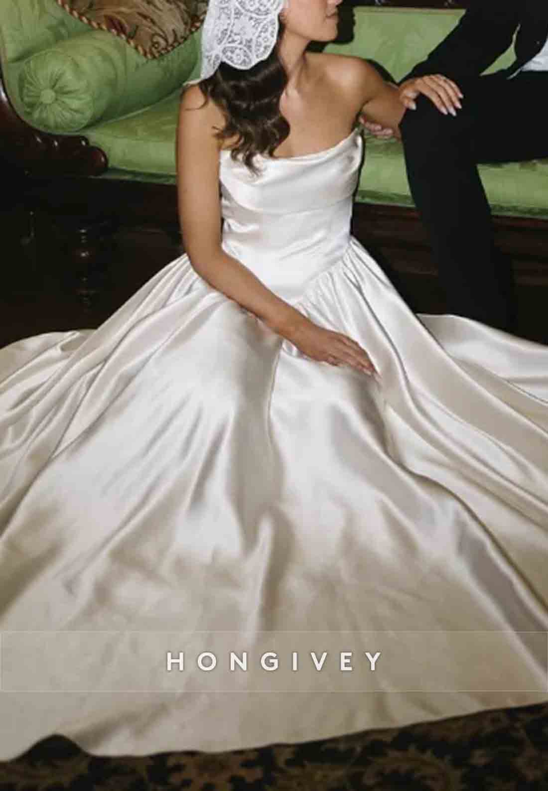 Simple A-Line Strapless Pleated Satin Sweep Train Empire Wedding Dress