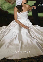 Simple A-Line Strapless Pleated Satin Sweep Train Empire Wedding Dress