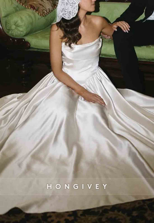 Simple A-Line Strapless Pleated Satin Sweep Train Empire Wedding Dress