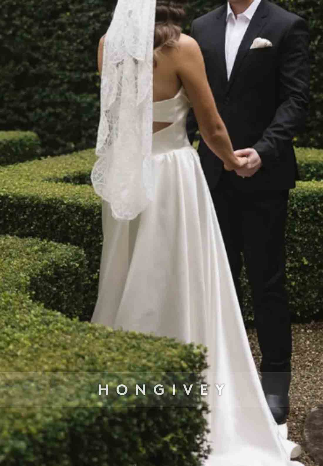 Simple A-Line Strapless Pleated Satin Sweep Train Empire Wedding Dress