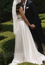 Simple A-Line Strapless Pleated Satin Sweep Train Empire Wedding Dress