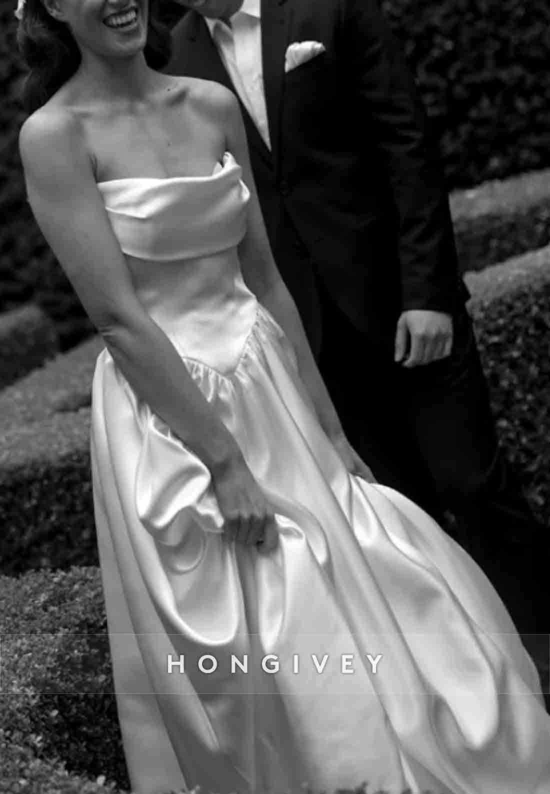 Simple A-Line Strapless Pleated Satin Sweep Train Empire Wedding Dress