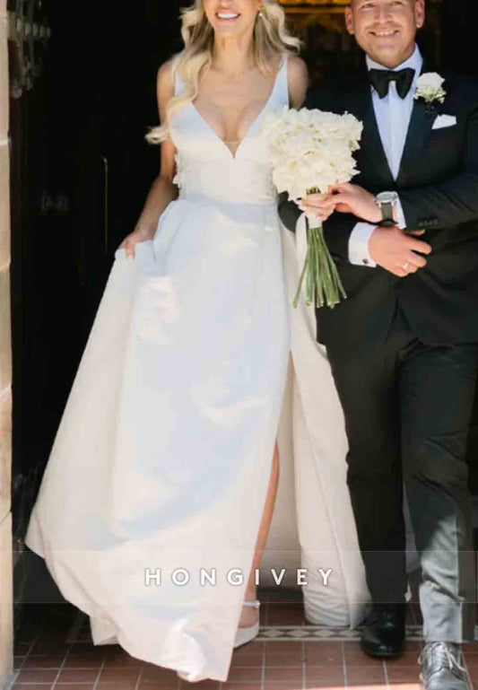 Low V-Neck A-Line Illusion Back Court Train Side Slit Satin Wedding Dress