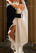 Low V-Neck A-Line Illusion Back Court Train Side Slit Satin Wedding Dress