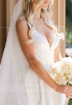 Low V-Neck A-Line Illusion Back Court Train Side Slit Satin Wedding Dress