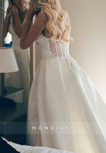 Low V-Neck A-Line Illusion Back Court Train Side Slit Satin Wedding Dress