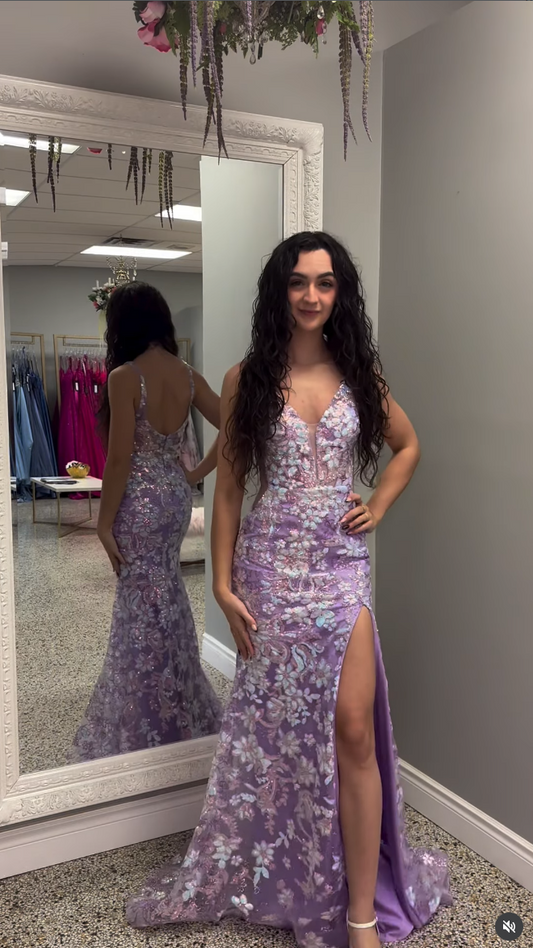 Purple Spaghetti Straps Applique Sleeveless Mermaid Side Slit Prom Dress Floor-Length