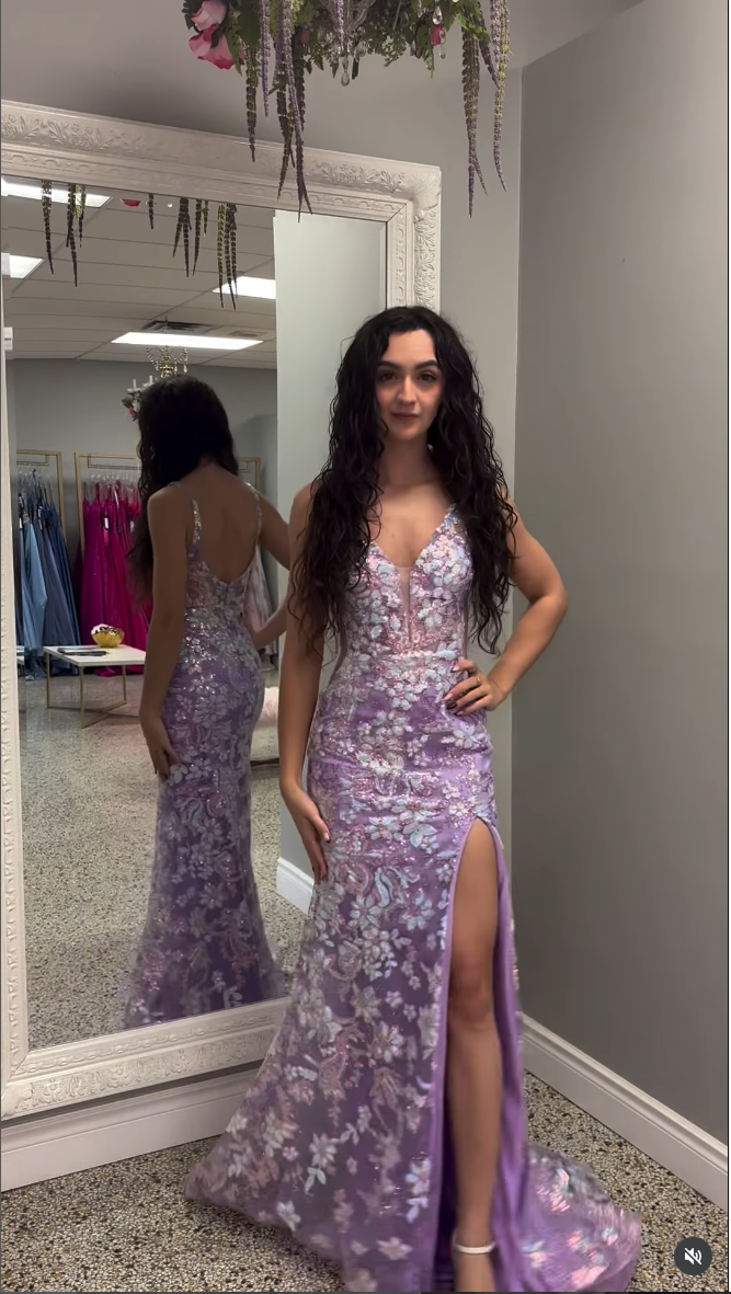 Purple Spaghetti Straps Applique Sleeveless Mermaid Side Slit Prom Dress Floor-Length