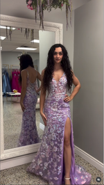 Purple Spaghetti Straps Applique Sleeveless Mermaid Side Slit Prom Dress Floor-Length