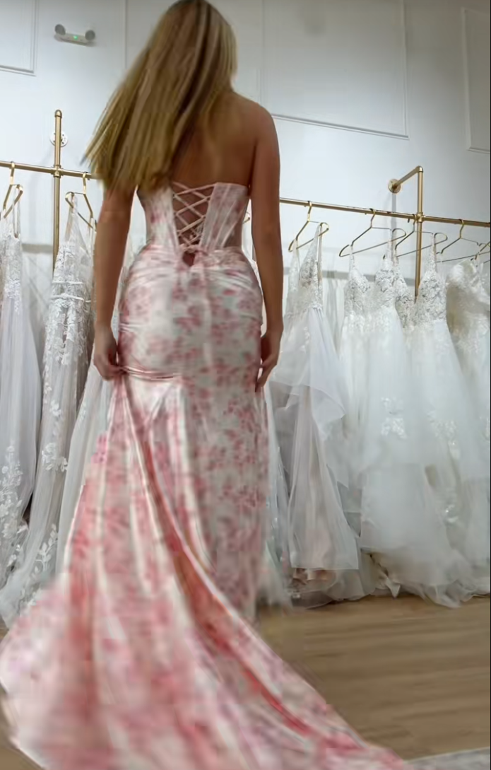 Sweethear Pink Cut Out Floral Print Mermaid Side Slit Floor-Length Prom Dress