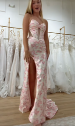 Sweethear Pink Cut Out Floral Print Mermaid Side Slit Floor-Length Prom Dress