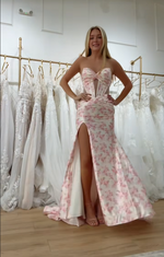 Sweethear Pink Cut Out Floral Print Mermaid Side Slit Floor-Length Prom Dress