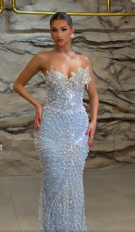 Luxury Blue Sweetheart Sleeveless Mermaid Beaded Sparkle Prom Dress