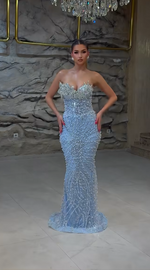 Luxury Blue Sweetheart Sleeveless Mermaid Beaded Sparkle Prom Dress