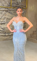 Luxury Blue Sweetheart Sleeveless Mermaid Beaded Sparkle Prom Dress