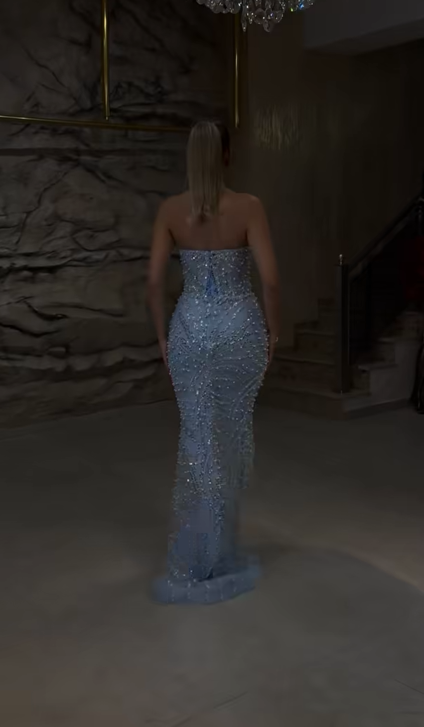 Luxury Blue Sweetheart Sleeveless Mermaid Beaded Sparkle Prom Dress