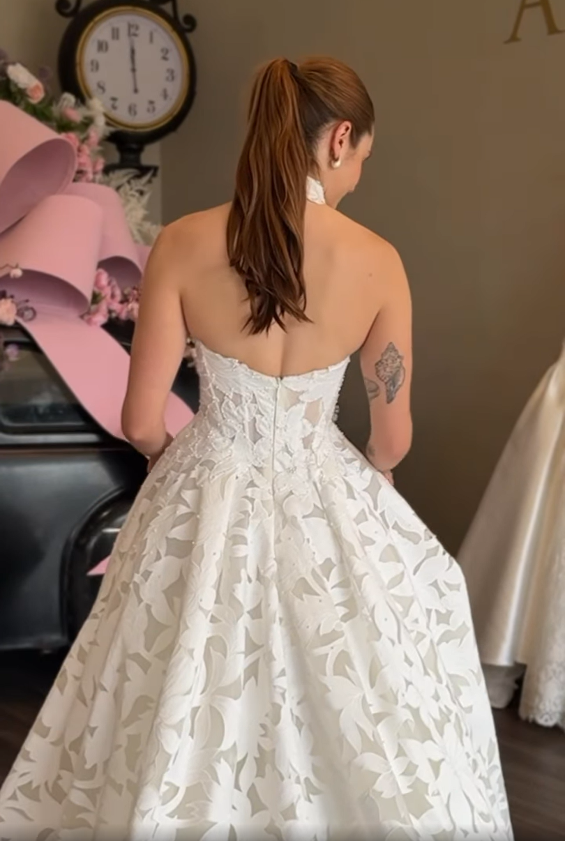 High Neck Halter Floral Illusion Ball Gown Wedding Dress