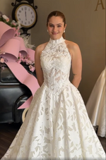 High Neck Halter Floral Illusion Ball Gown Wedding Dress