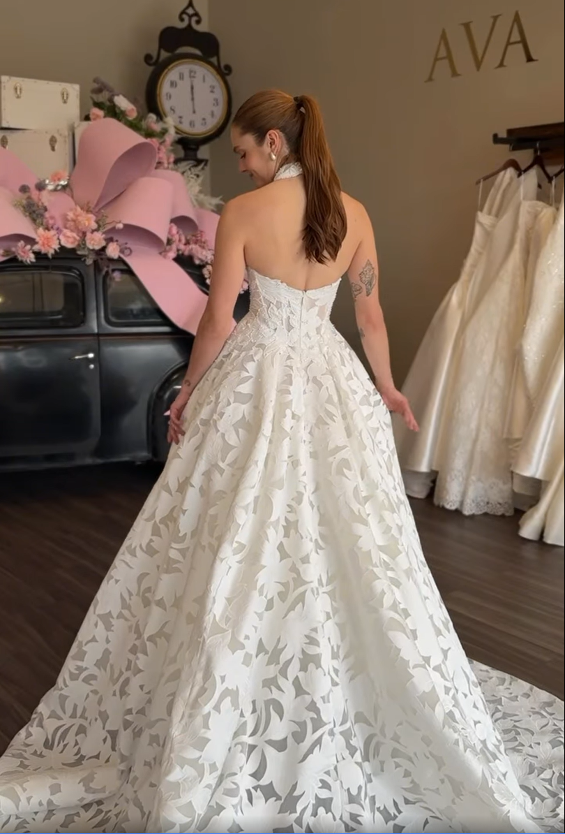 High Neck Halter Floral Illusion Ball Gown Wedding Dress