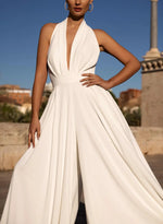 Jumpsuit/Pantsuit Halter Sleeveless Floor-Length Elastic Satin With Pockets Bride Wedding Dress