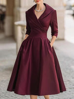 V-Neck Vintage-Inspired Satin A-Line Midi Dress With Draped Collar