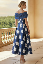 A-Line Off-The-Shoulder Short Sleeves Ankle-Length Satin Mother Of The Bride Dresses With Flower(s)A-Line Off-The-Shoulder Short Sleeves Ankle-Length Satin Mother Of The Bride Dresses With Flower(s)A-Line Off-The-Shoulder Short Sleeves Ankle-Length Satin