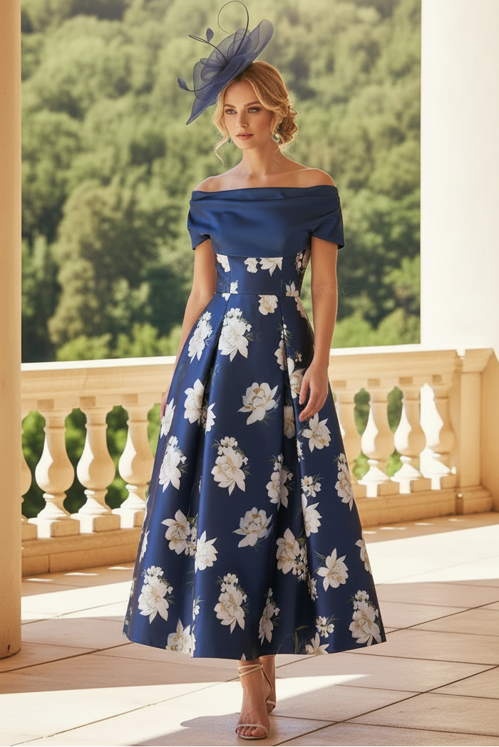 A-Line Off-The-Shoulder Short Sleeves Ankle-Length Satin Mother Of The Bride Dresses With Flower(s)A-Line Off-The-Shoulder Short Sleeves Ankle-Length Satin Mother Of The Bride Dresses With Flower(s)A-Line Off-The-Shoulder Short Sleeves Ankle-Length Satin