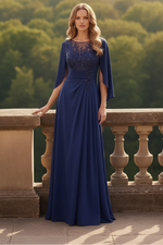 A-Line Scoop Neck Cape Sleeves Floor-Length Stretch Satin Mother Of The Bride Dresses With Appliques