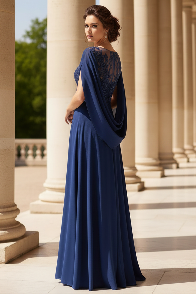 A-Line Scoop Neck Cape Sleeves Floor-Length Stretch Satin Mother Of The Bride Dresses With Appliques